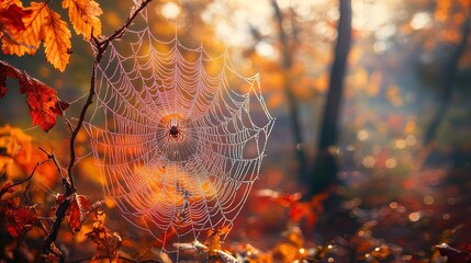 A close-up of a spider web glistening with droplets of dew, perfectly crafted and suspended between branches. The web's intricate patterns are prominent against a blurred backdrop of autumn foliage. R