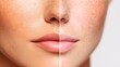 © Alpha - Detailed side-by-side facial transformation, showcasing melasma dark spots fading after pigmentation treatment, smooth complexion, Digital Rendering, High-Definition