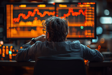 Wall Mural - A day trader carefully watching charts to capitalize on small, short-term movements in stock prices, reflecting a high-risk strategy. Concept of trading.