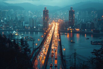 Wall Mural - photos of bridges lit up at night, with cars streaming across, depict the interconnectedness of citi