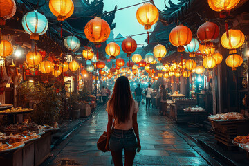 Wall Mural - night markets filled with colorful lights, food stalls, and shoppers highlight the vibrancy of city 