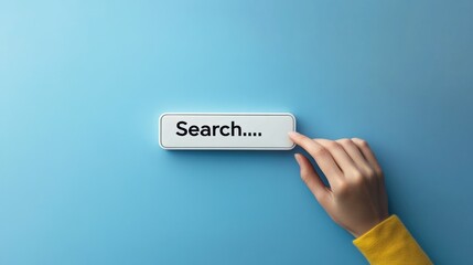 Hand clicking on white button SEARCH, light blue background