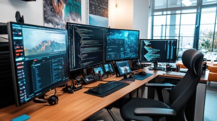 A modern office workspace with multiple monitors, a keyboard, and a comfortable chair.