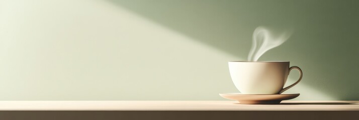 Poster - A delicate tea cup emits smooth steam, illuminated by gentle sunlight in a tranquil setting, creating a serene atmosphere. Generative AI