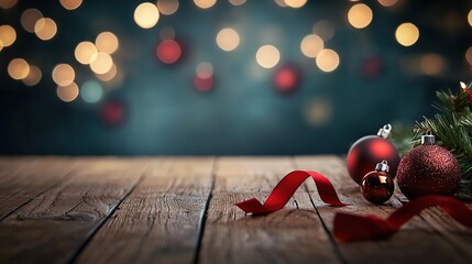 Poster -   A wooden table, festooned with Christmas ornaments and a vibrant red ribbon, graces the foreground of this image In the background, the illuminated Christmas tree stands