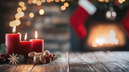 Poster -   A pair of candles rests atop a wooden table alongside a Christmas wreath and stocking