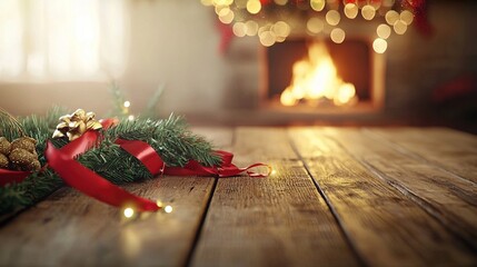 Poster -   Christmas wreath close-up, wooden table, fireplace, Christmas tree in foreground