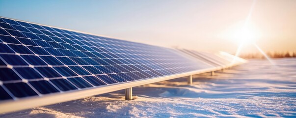 Solar panels reflecting sunlight on a snowy landscape, clean energy concept.