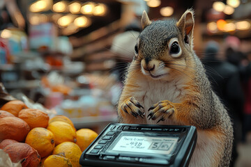 Sticker - A squirrel managing a grocery store shows the stress of retail work. Concept of animals in human roles.