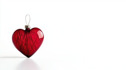 Wall Mural -   A red heart-shaped ornament dangles from a string on a white background, reflecting its backside