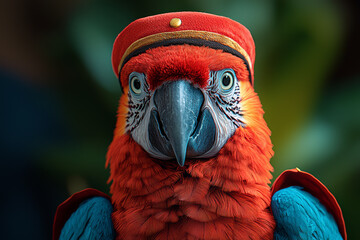 Canvas Print - A parrot dressed as a flight attendant, struggling with passenger demands, shows the exhaustion of service jobs. Concept of animals in human roles.