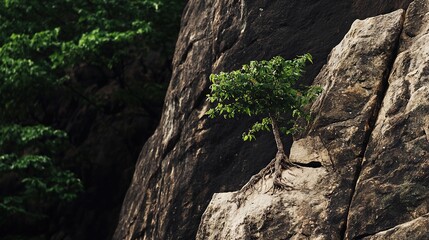 Poster -   A small tree sprouting from a fissure on a massive boulder, with other trees emerging from it as well