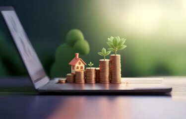 A miniature house sits atop a stack of coins, with small plants growing on other stacks of coins behind it.