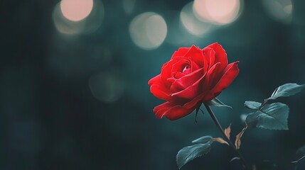 Poster -   A clear close-up of a vibrant red rose, set against a soft bokeh backdrop with a crisp foreground focus on its delicate petals