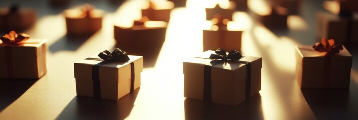 Poster - Gift boxes with ribbons are beautifully silhouetted against a soft, light background, creating a festive atmosphere perfect for celebrations. Generative AI