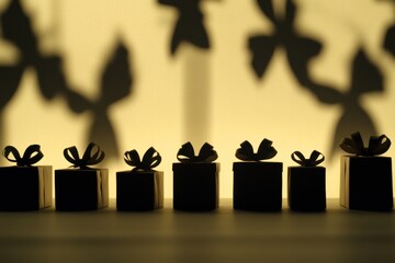 Aufkleber - Silhouettes of wrapped gift boxes with decorative bows cast against a soft, light background create a cheerful and festive mood. Generative AI