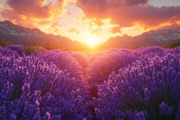 Wall Mural - A field of lavender stretching into the horizon under a vibrant sunset sky captures a sense of calm and wonder. Concept of beauty in nature.