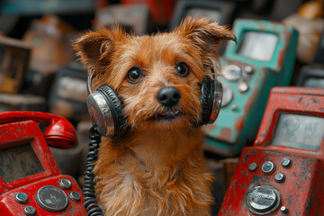 Canvas Print - A dog overwhelmed by multiple phones ringing portrays the endless demands of customer service. Concept of animals in human roles.