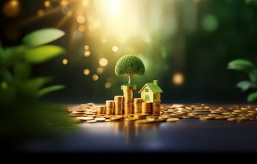 Wall Mural - A small green tree and house sit atop a stack of gold coins against a blurred green background.