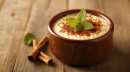 Canvas Print -   A close-up of a wooden table with a bowl of food, cinnamon sticks, and a mint sprig