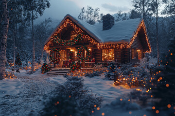 Wall Mural - A cozy cabin in the woods decorated with holiday lights and wreaths as a family prepares for a quiet, peaceful Christmas together. Concept of holiday spirit.