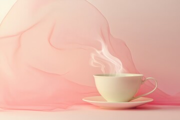 Aufkleber - A tea cup rests on a saucer, gently releasing steam that swirls gracefully in the soft pink ambiance around it. Generative AI