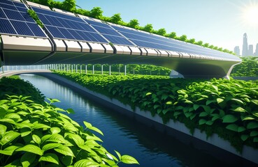 Futuristic solarpunk bridge with solar panels