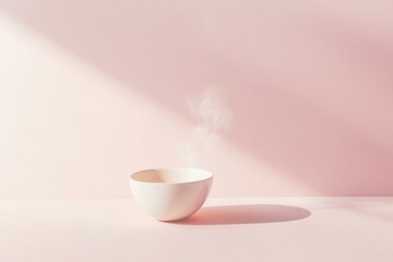 Poster - A delicate tea cup releases smooth steam, creating a tranquil atmosphere on a gentle pink background. Generative AI