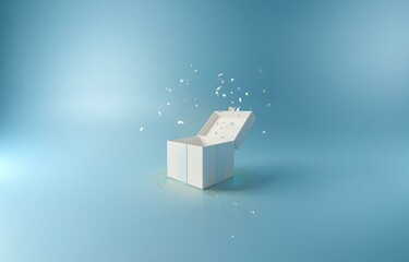 An open white gift box with confetti flying out against a light blue background.