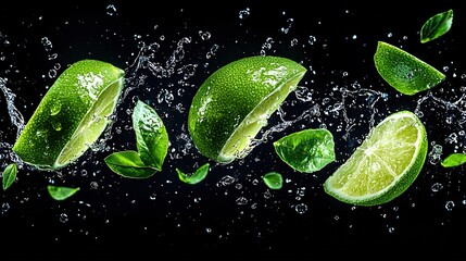 Sticker -  A black background showcases a cluster of vibrant limes, their green foliage splashed by water droplets