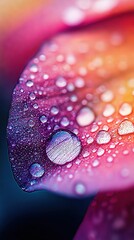 Wall Mural -   A close-up of a pink flower with water droplets on its petals against a multicolored backdrop