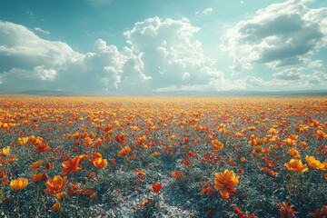Wall Mural - a bright, colorful field of flowers juxtaposed with a gray, lifeless desert shows the stark contrast
