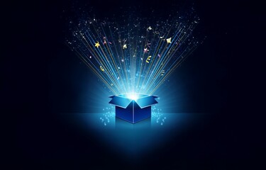 Wall Mural - a blue gift box with a lid open revealing a burst of light and confetti on a dark background.