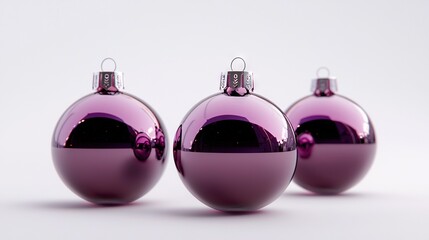 Poster -   A set of sparkling purple Christmas decorations on a white background, with a mirror image of the top of the ornament reflected below it