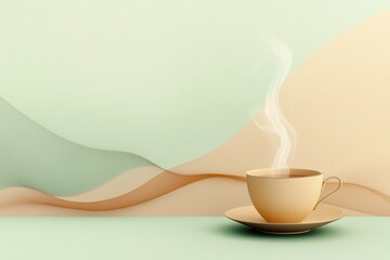 Poster - A cup of tea emits gently swirling steam, set on a saucer with a calming pastel backdrop that creates a serene atmosphere for relaxation. Generative AI