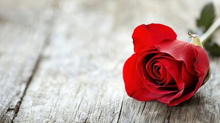 Wall Mural -   A lone red rose rests atop a wooden table alongside a sprig of green foliage and a twig