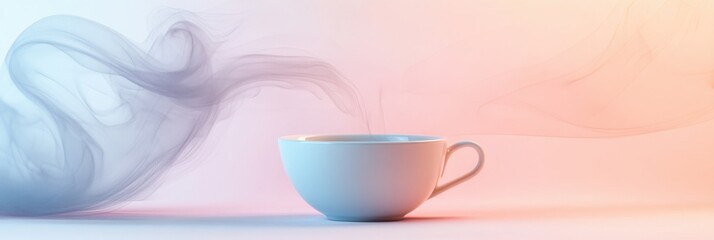 Canvas Print - A warm tea cup emits gently curving steam, creating a serene ambiance in a pastel-colored setting, perfect for morning relaxation. Generative AI