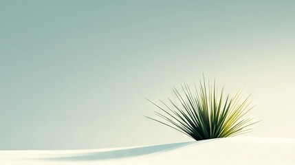 Poster -   A lone green plant stands tall amidst a snowy field, framed by a vibrant blue sky