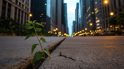 Canvas Print -   A plant emerges from a crack in the city street's sidewalk at night, surrounded by towering skyscrapers