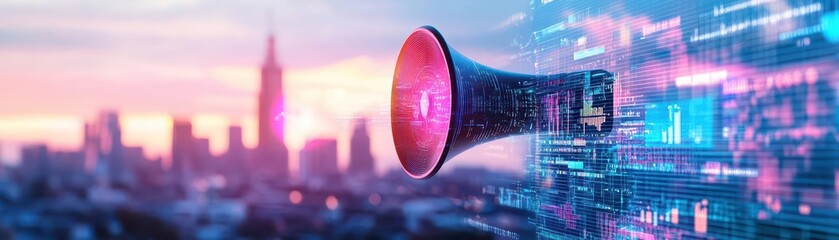 Leinwandbilder - Virtual megaphone, augmented reality marketing dashboard, city skyline, holographic data bursts, modern tech scene