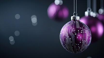 Sticker -   A close-up of a purple Christmas ornament dangling on a line of shiny glass baubles against a black background