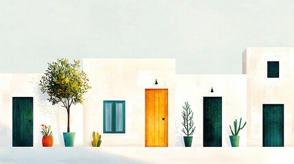 Sticker -   A house painting with potted plants at the entrance and a tree in front of the door