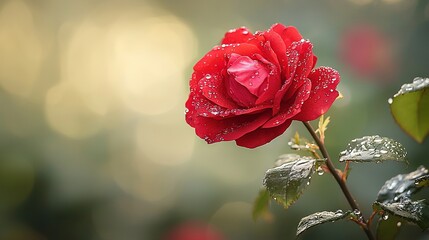 Sticker -   A lone red rose boasts water droplets on its petals while a verdant foliage bush adorns the foreground