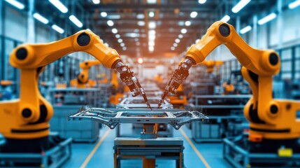 Aufkleber - Factory floor bathed in warm light, robotic arms assembling car frames, wideangle shot, industrial setting, metallic textures
