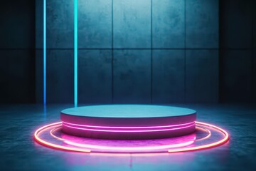 Aufkleber - 3D futuristic podium, neon rings on floor, dark room, metallic textures