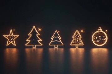 Fototapete - Glowing outlines of Christmas symbols, including trees and ornaments, create a minimalist design against a dark backdrop, evoking holiday cheer. Generative AI