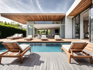 Wooden lounge chairs in modern villa pool and deck