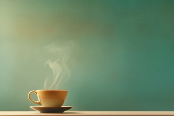 Poster - A warm cup of tea sits on a saucer, releasing smooth steam into the air, creating a soothing atmosphere in a tranquil space. Generative AI