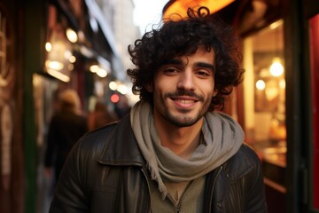 Sticker - Portrait of a handsome young man with curly hair in the city