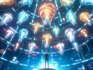 Wall Mural - glowing light bulb against a bright blue sky representing innovation and inspiration
